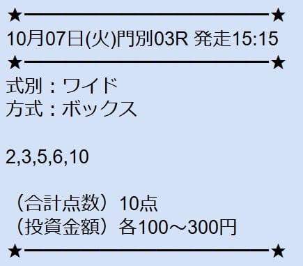 10月7日 門別3R 買い目