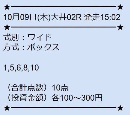 10月9日 大井2R 買い目