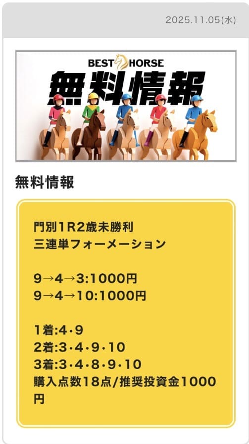 11月5日 門別1R 買い目