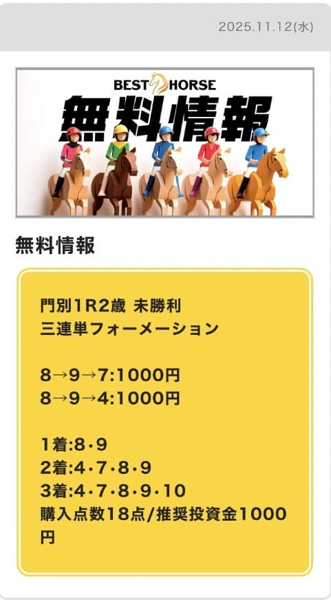 11月12日 門別1R 買い目