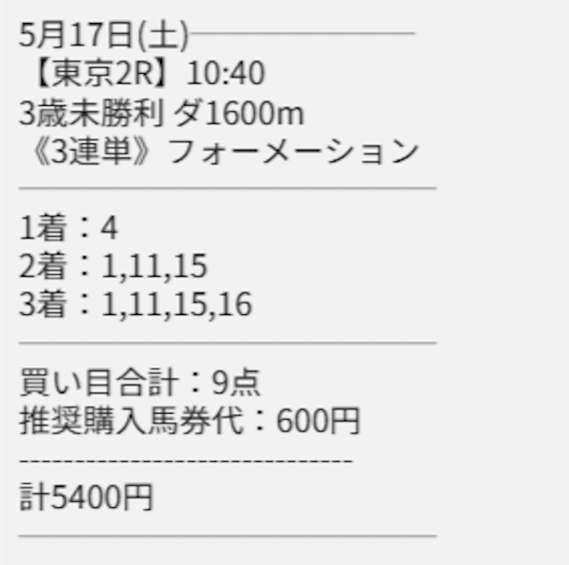 5月17日 東京2R 買い目