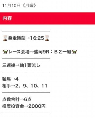 11月10日 盛岡9R 買い目