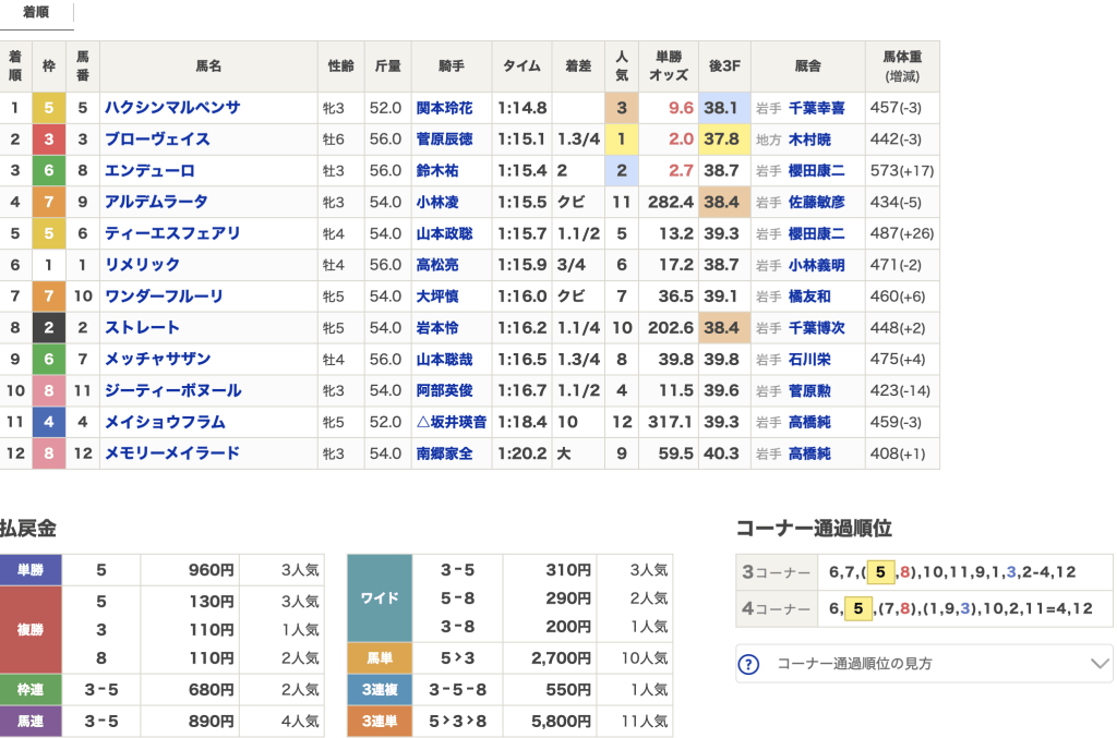 2025年11月10日盛岡4Rレース結果
