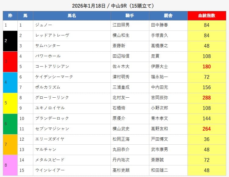 2026年1月18日 中山9R予想